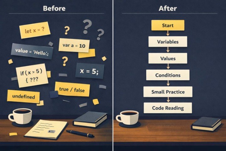 Illustration showing a before and after comparison of coding concepts on a desk with coffee and books.