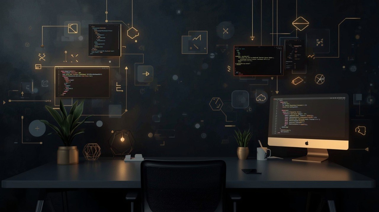 Modern office setup with multiple computer monitors on a dark background