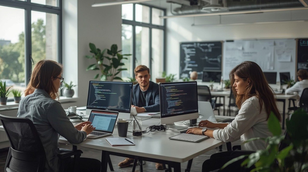 People working at desks with computers in a modern office setting