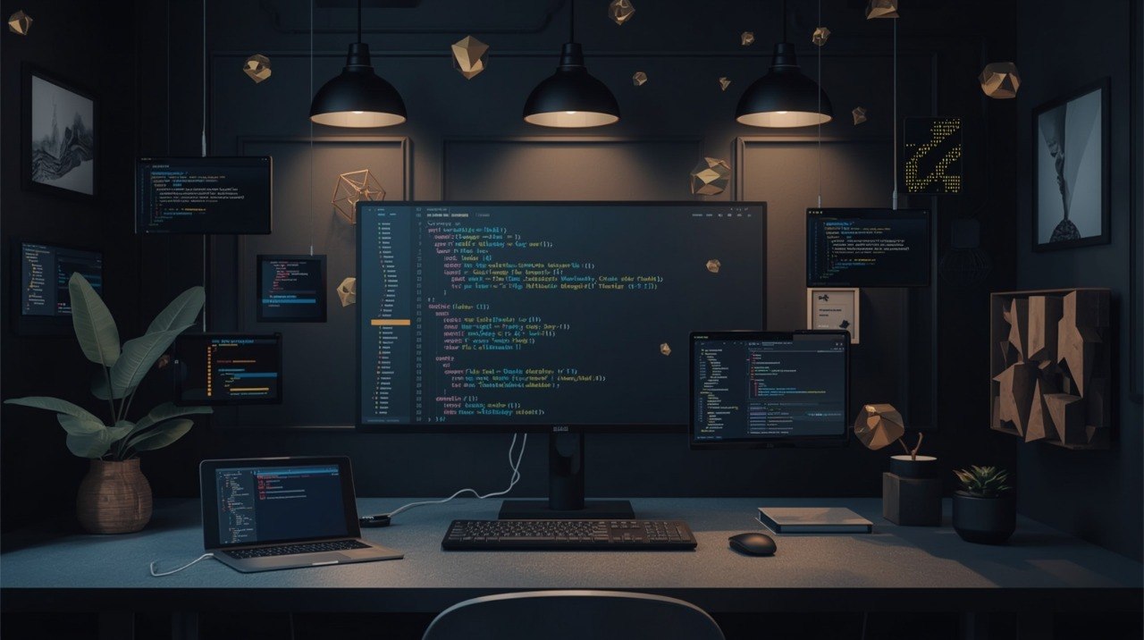 Dark room with computer setup on a desk, including multiple monitors and a laptop.