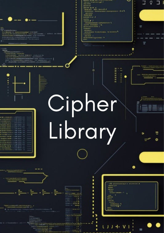 Cover of 'Cipher Library' with a dark background and yellow text and graphics.