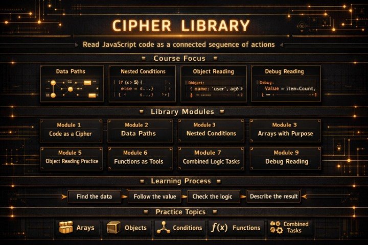 Cipher Library interface with various modules and concepts related to JavaScript code reading.