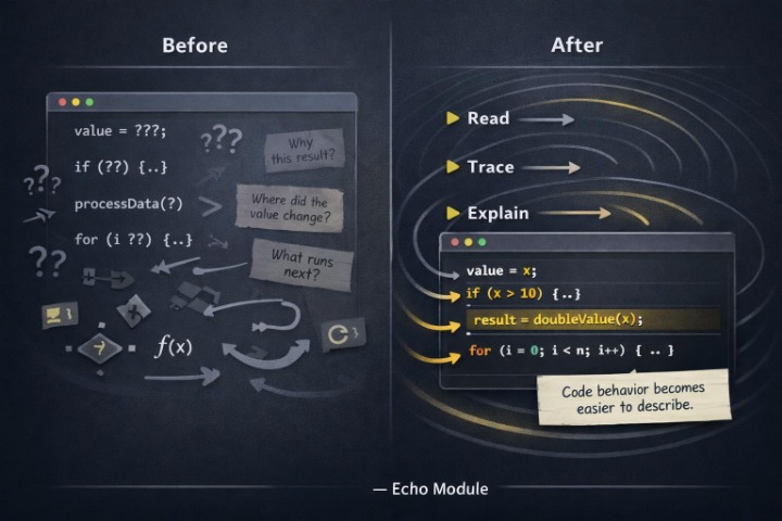 Comparison of code readability with 'Before' and 'After' diagrams on a dark background.