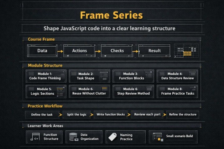 Diagram of a Frame Series course structure for learning JavaScript code on a dark background