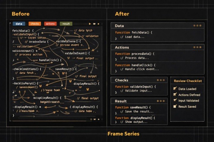 Diagram Before-After of a Frame Series course structure for learning JavaScript code on a dark background