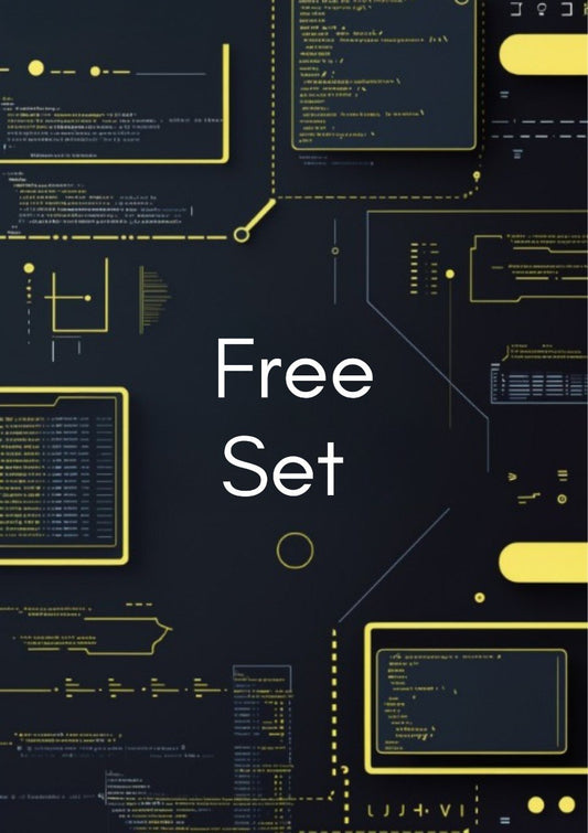 Dark background with yellow technical graphics and 'Free Set' text