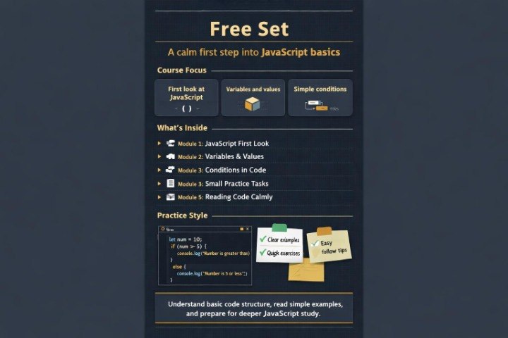 Screenshot of a JavaScript basics course outline on a dark background