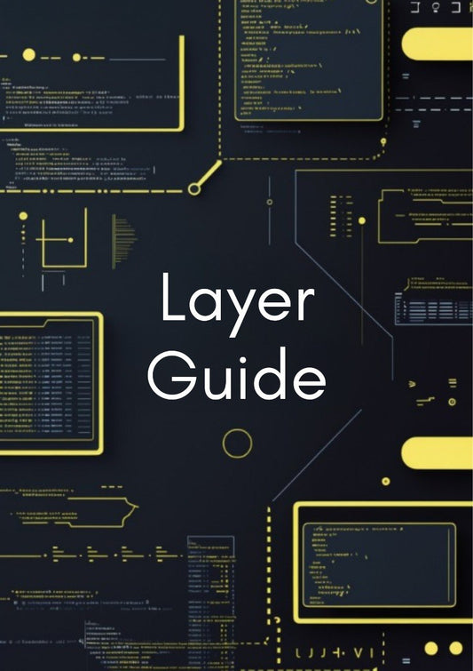 Cover of 'Layer Guide' with technical design elements on a dark background
