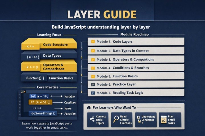 Layer guide for building JavaScript understanding with modules and roadmap on a blue background