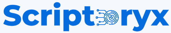 The logo for 'Scriptoryx' is shown in blue text on a light gray background, with a stylized circuit board icon replacing the 'o' in 'story'.