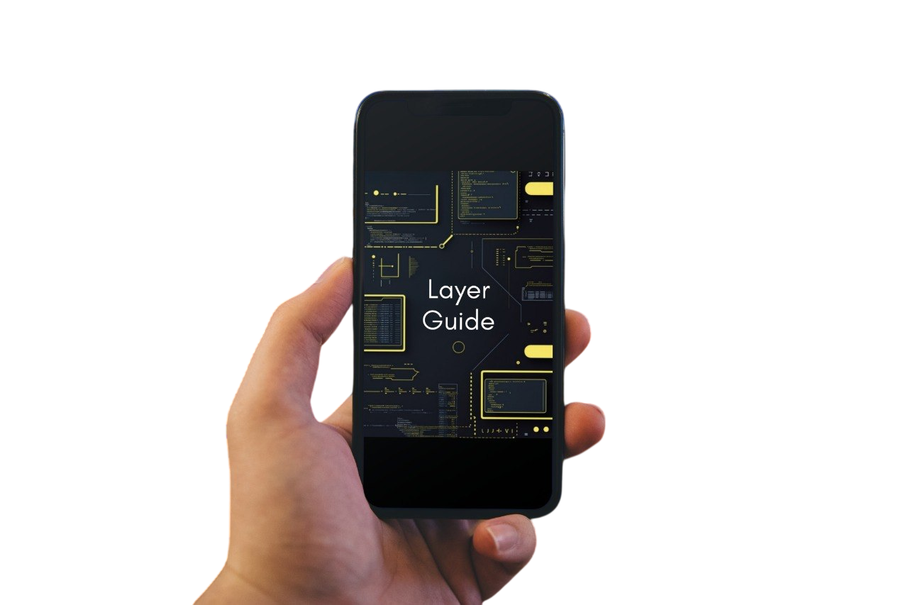 Hand holding a smartphone displaying 'Layer Guide' on a white background