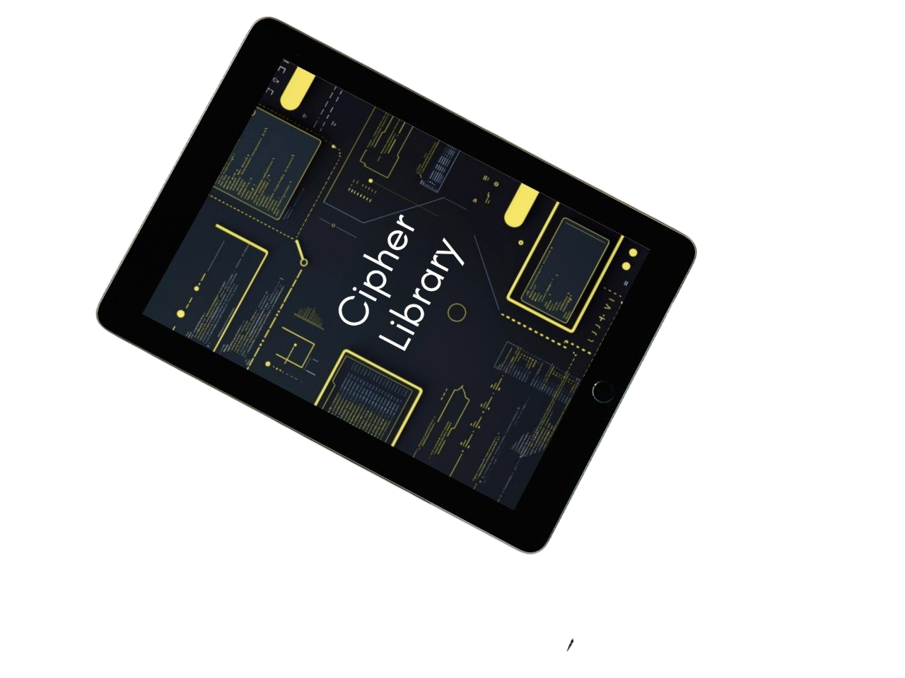 Tablet with 'Cipher Library' on a dark screen against a white background
