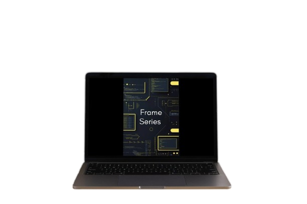 Laptop with 'Frame Series' displayed on a white background