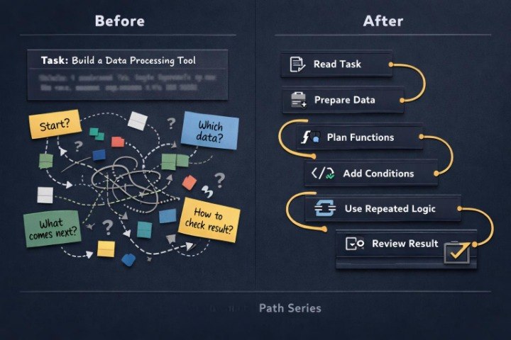 Before and after comparison of a data processing tool task with step-by-step process on a dark background.