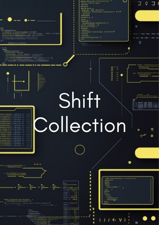 Cover of 'Shift Collection' with technical design elements on a dark background